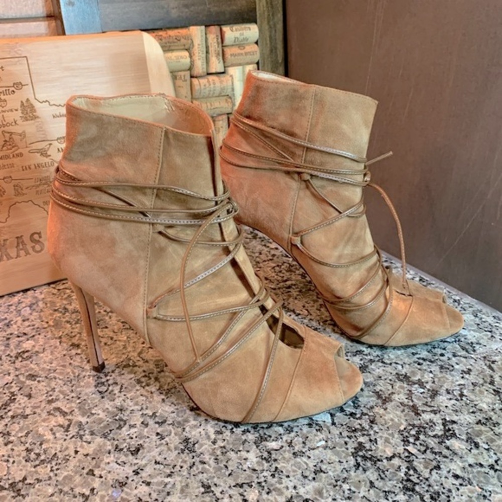 Antonio Melani Brown Suede Peep Toe Bootie Heels Size 8.5